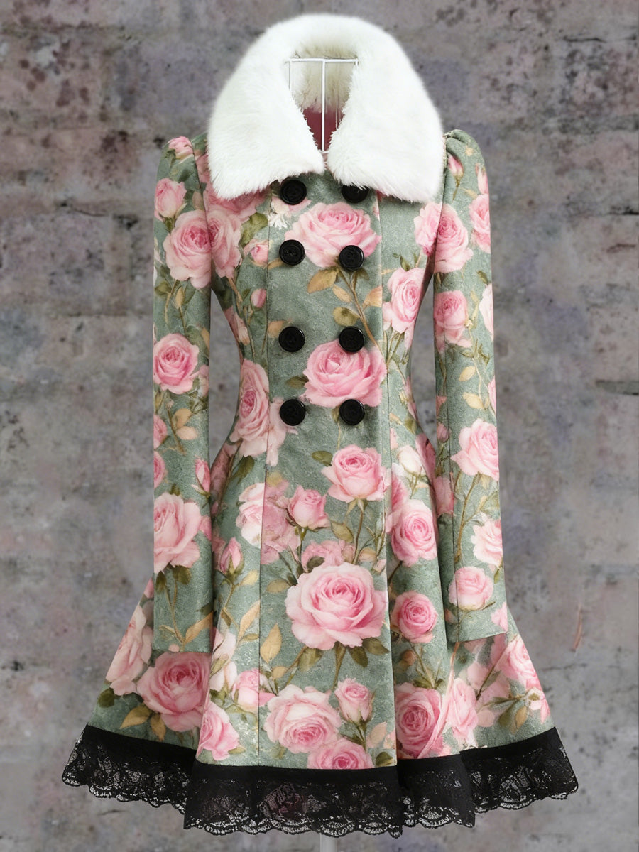 Retro Floral Art Print Vintage Elegance Fur Collar Button Up Long Sleeve Midi Dress