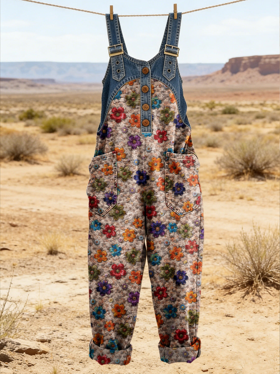 Women's Retro Floral Color-Blocked Art Print Washed Cotton Denim Patchwork Jumpsuit