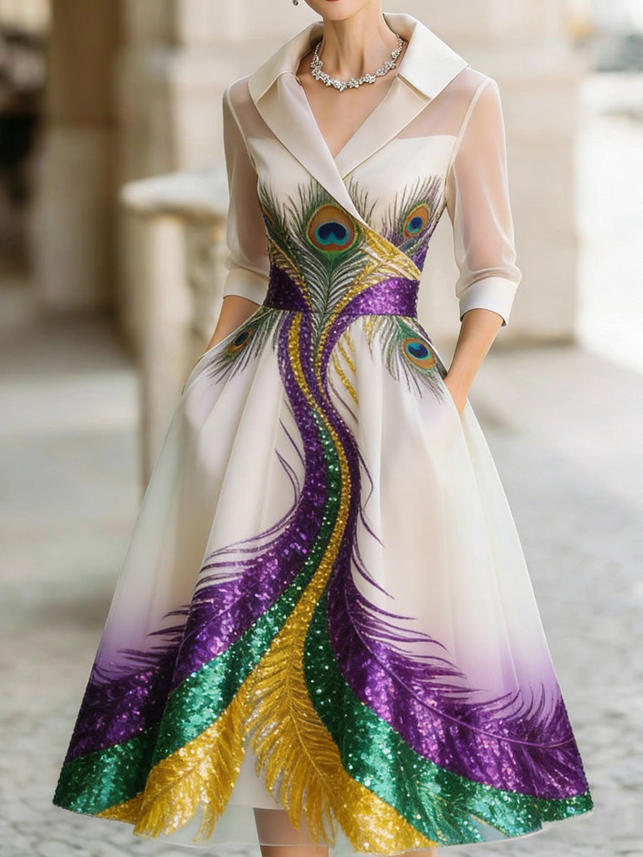 Retro Mardi Gras Art Texture Printed V-Neck Vintage Pocket-Style Long Sleeve Midi Dress