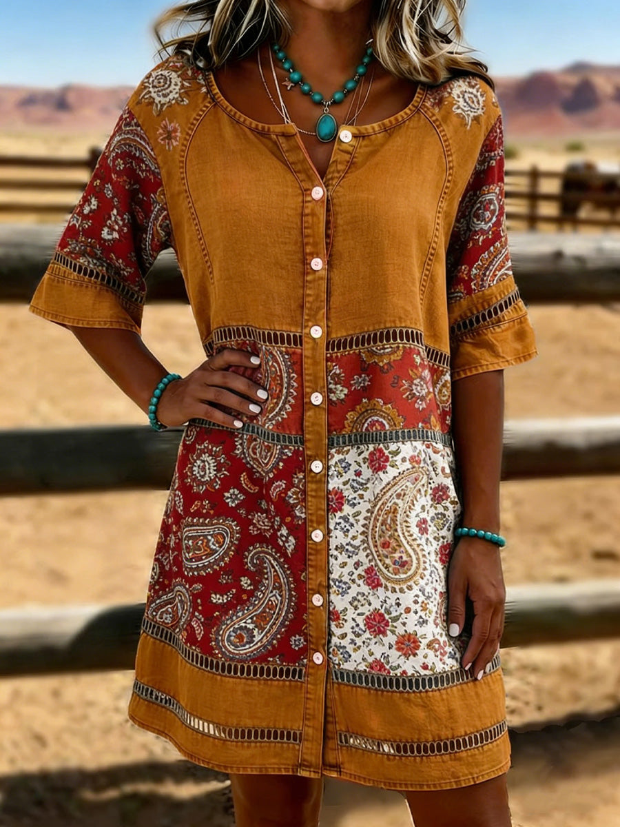 Retro Paisley Flowers Art Vintage Print Midi Dress