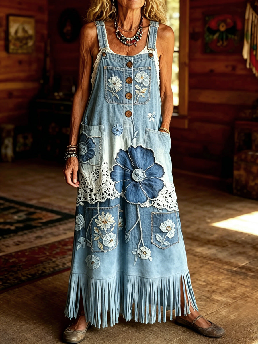 Women's Retro Style Floral Art Print Washed Denim Strap Tassel Maxi Dress