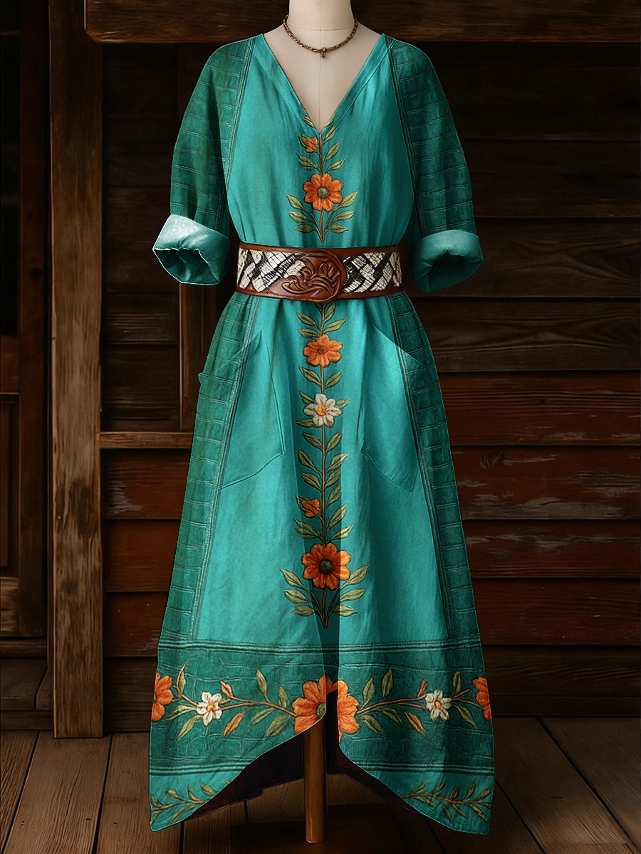 Women's Retro Floral Art Print Casual Vintage V-Neck Pocket Long-Sleeve Maxi Dress