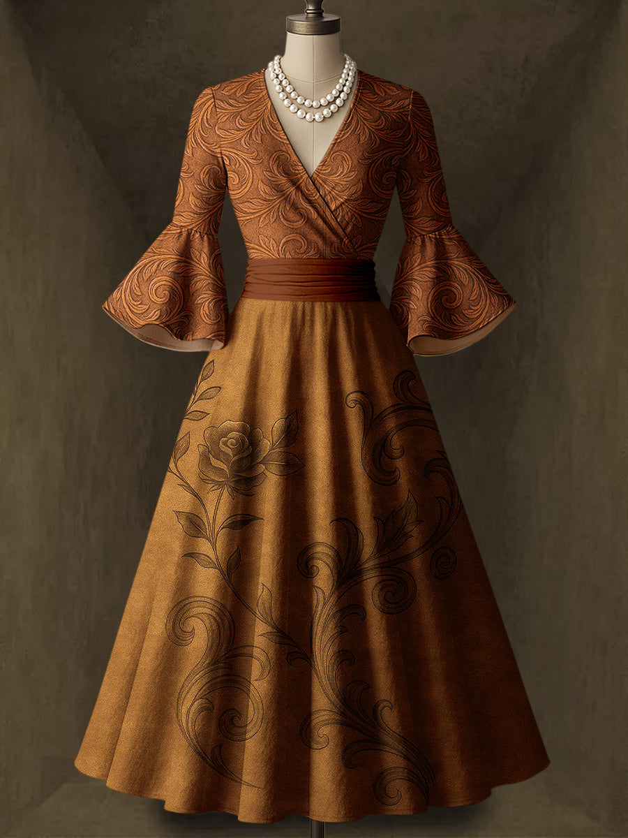 Retro Floral Carved Art Printed V-Neck Vintage Chic Pleated Waist Flare Sleeve Midi Dress