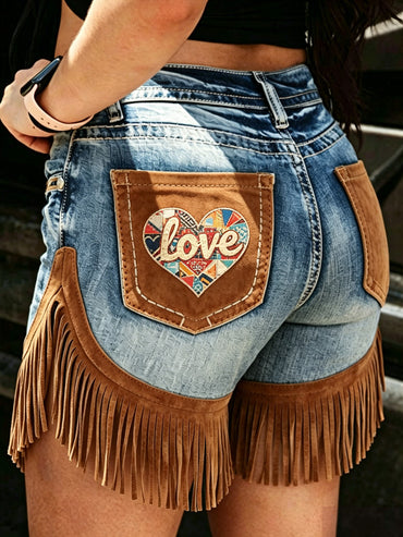 Women's Retro Floral Art Print Casual Leather Fringe Patchwork Pocket Shorts
