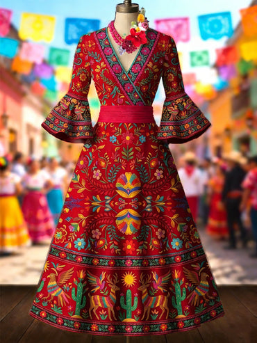 Retro Mexico Floral Art Printed V-Neck Vintage Pleated Waist Flare Sleeve Midi Dress