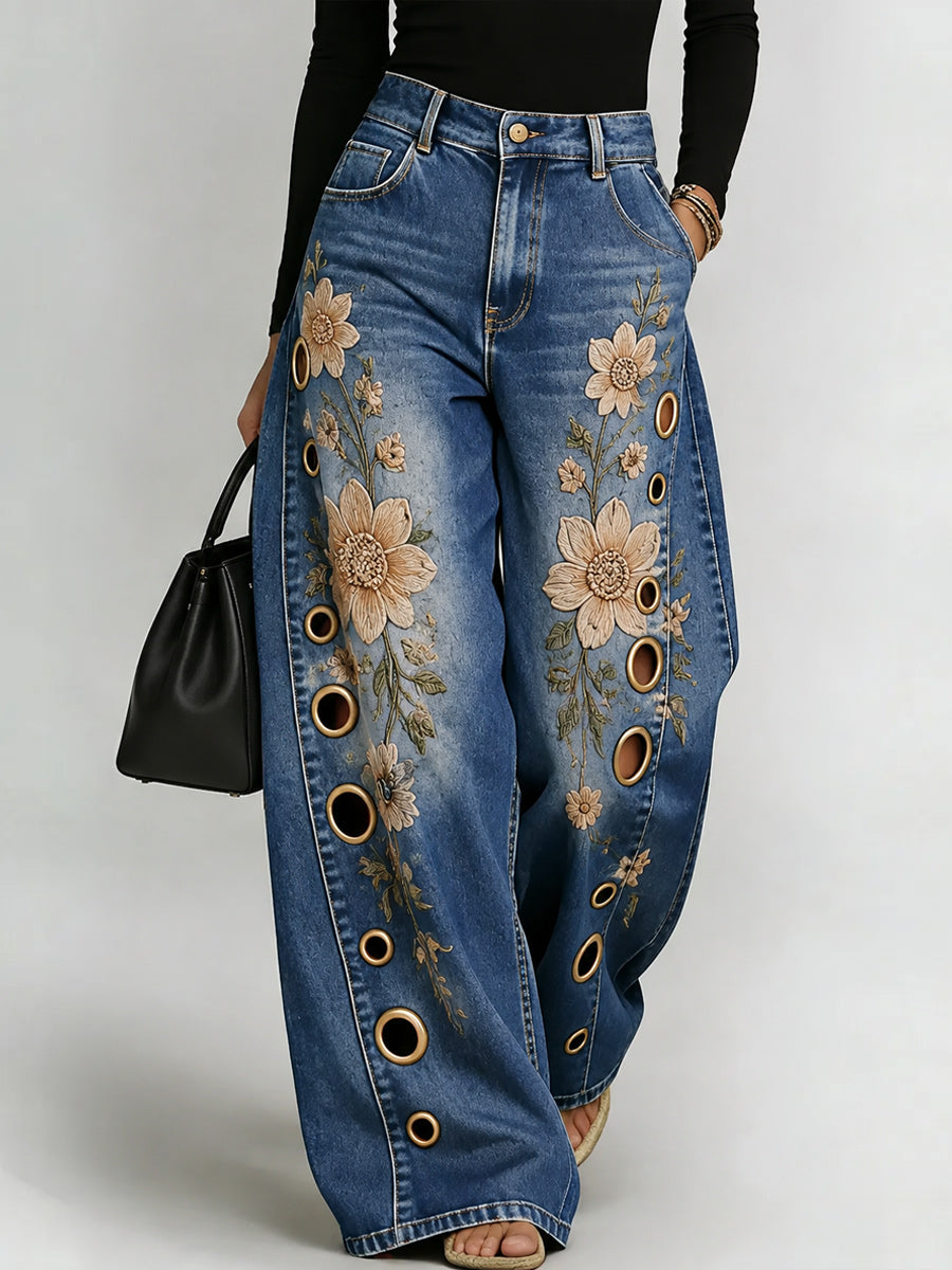 Women's Retro Style Art Print Casual Hollow Wide Leg Pants