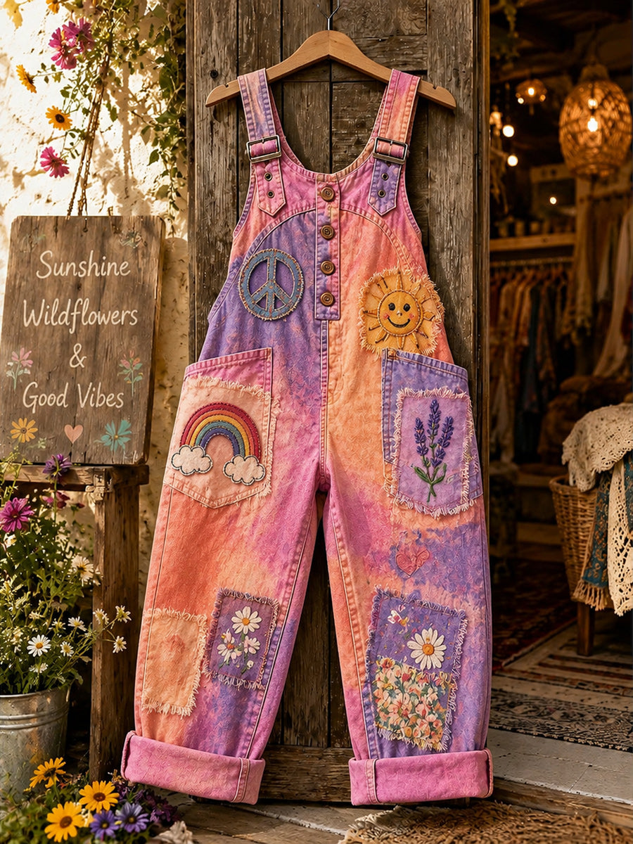 Women's Retro Style Art Print Washed Cotton Denim Patchwork Jumpsuit