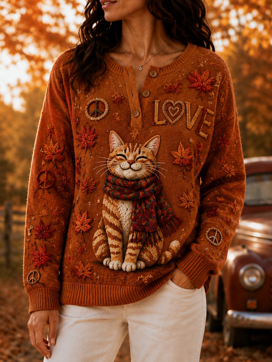 Women's Retro Autumn Art Print Knit Sweater