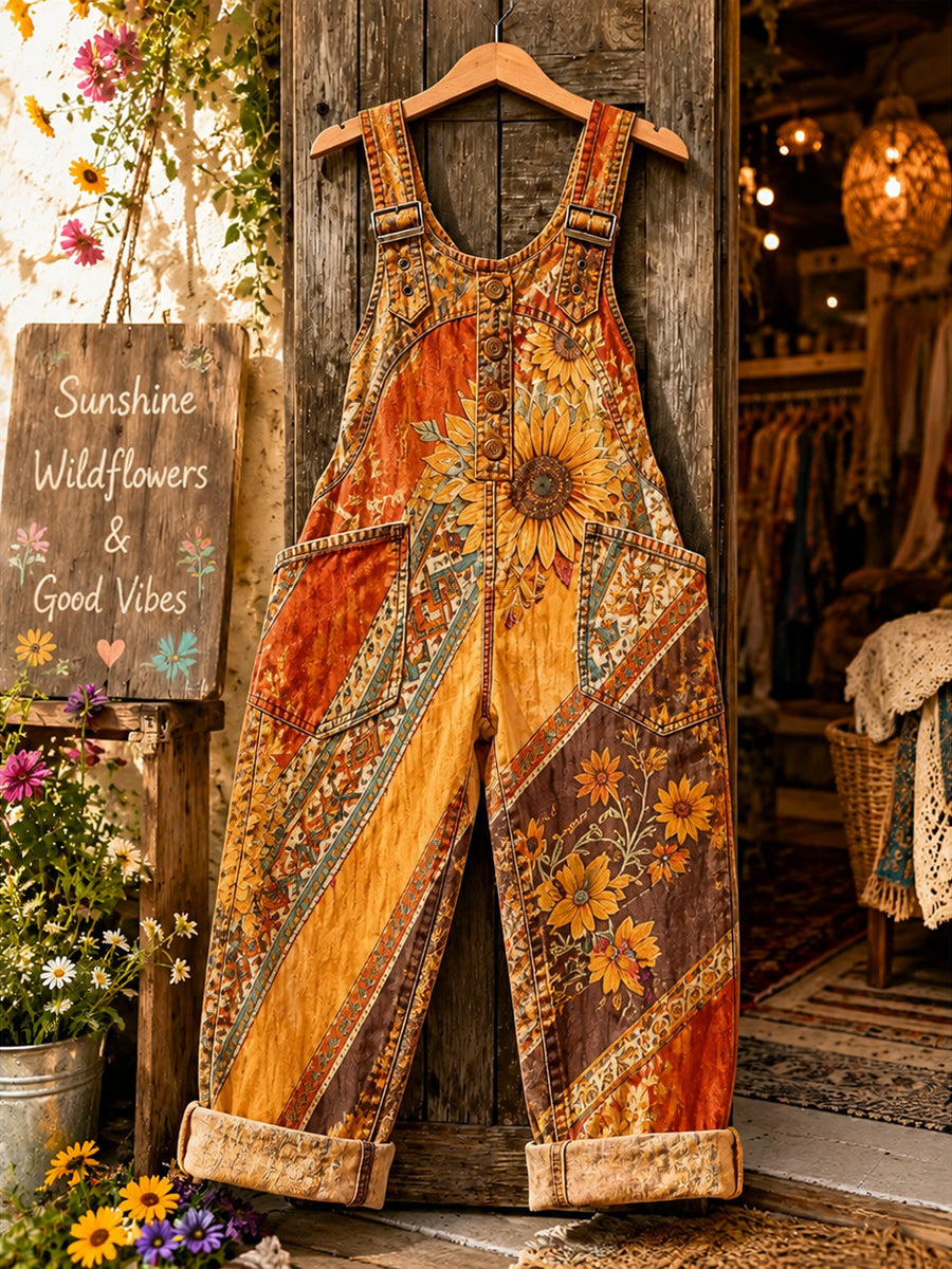 Women's Retro Style Art Print Washed Cotton Denim Patchwork Jumpsuit