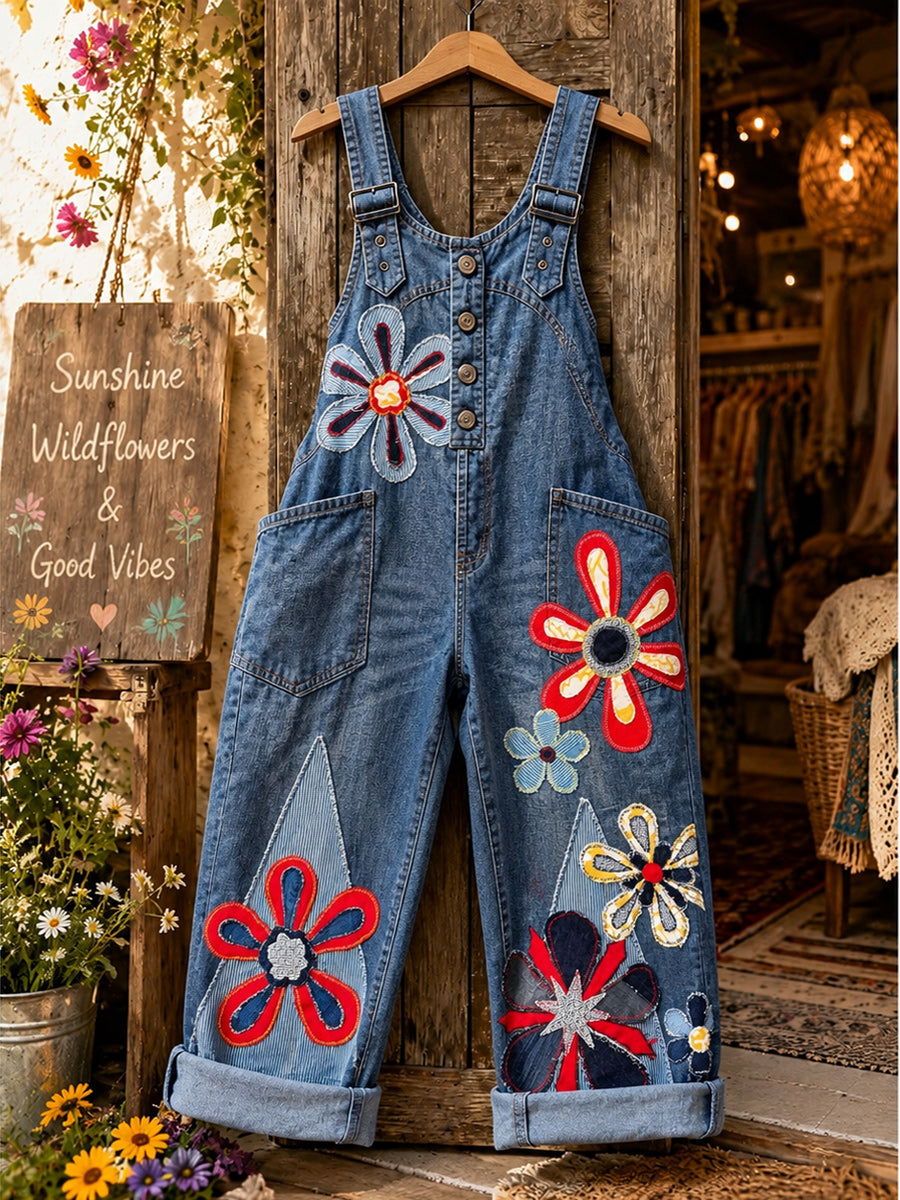 Women's Retro Style Art Print Washed Cotton Denim Patchwork Jumpsuit