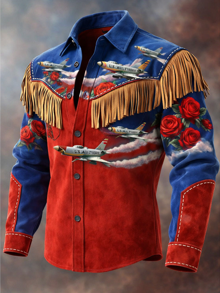 Men's Retro USA Flag Art Print Western Vintage Tassel Casual Long Sleeve Shirt