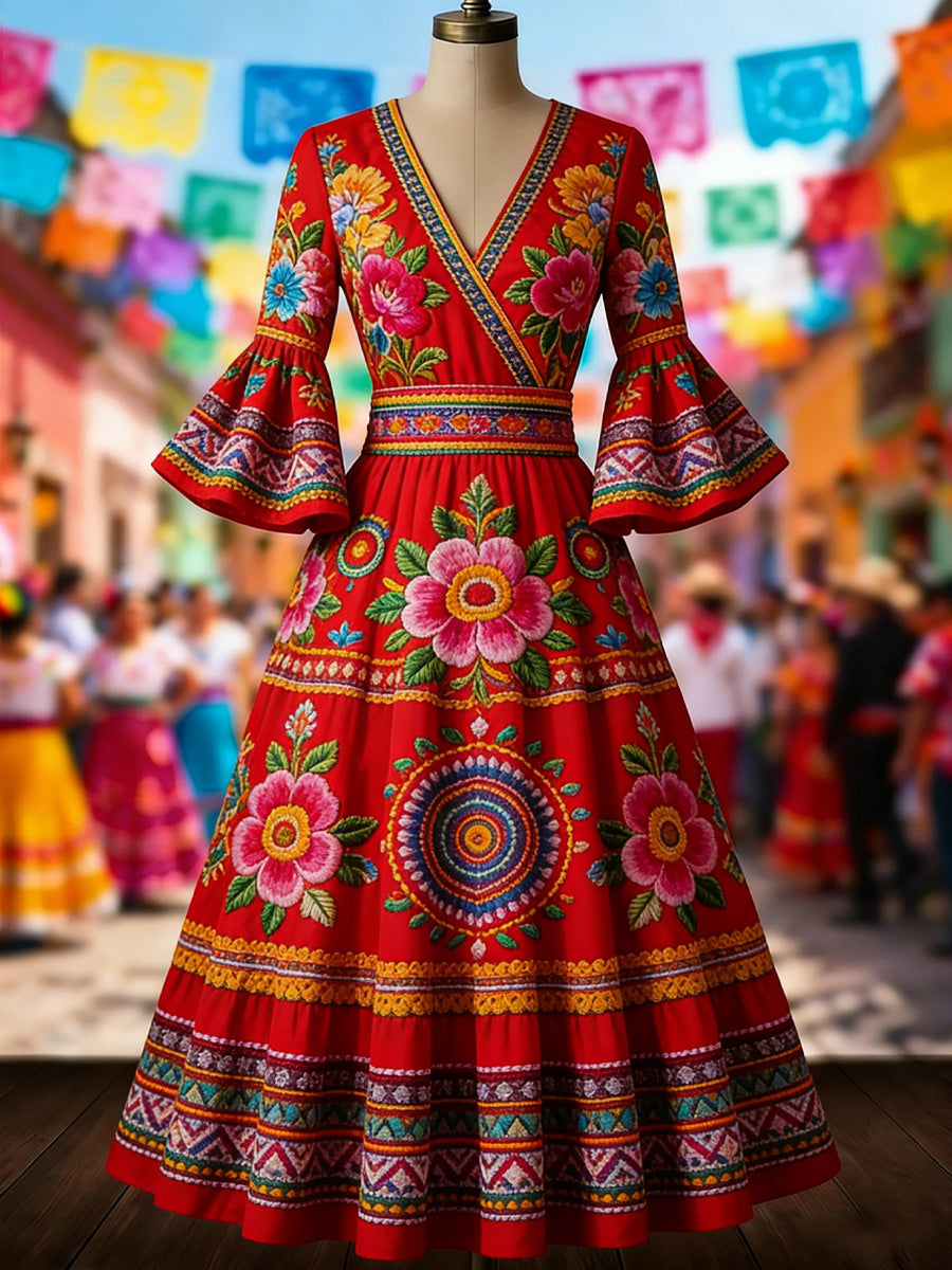 Retro Mexico Floral Art Printed V-Neck Vintage Pleated Waist Flare Sleeve Midi Dress