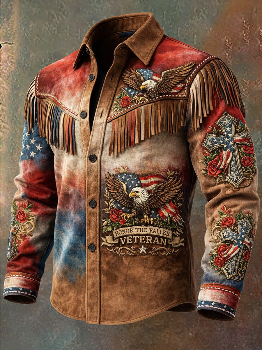 Men's Retro U.S 250 American Eagle Print Western Vintage Tassel Casual Long Sleeve Shirt