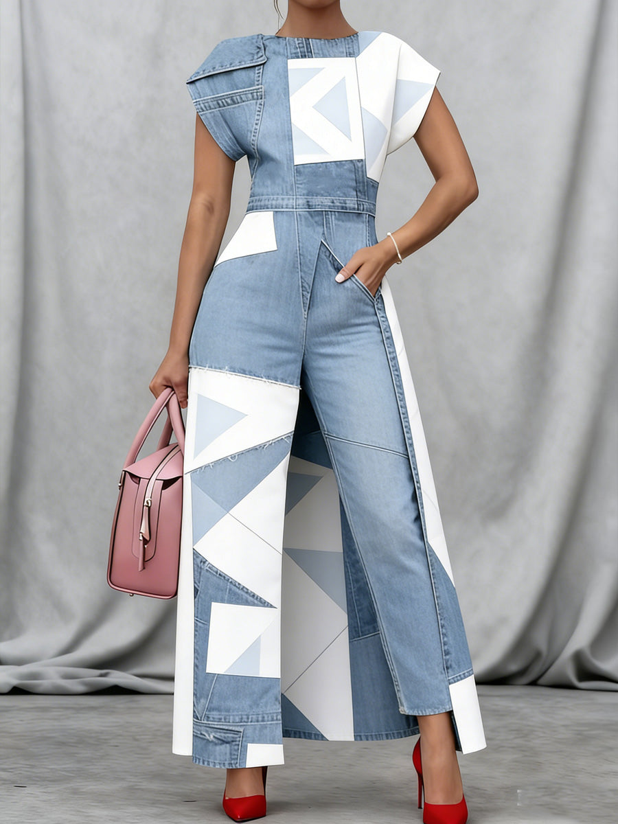 Retro Geometry Abstract Art Print Vintage Long Split Shirts Dress Skinny Pants Two-Piece Set