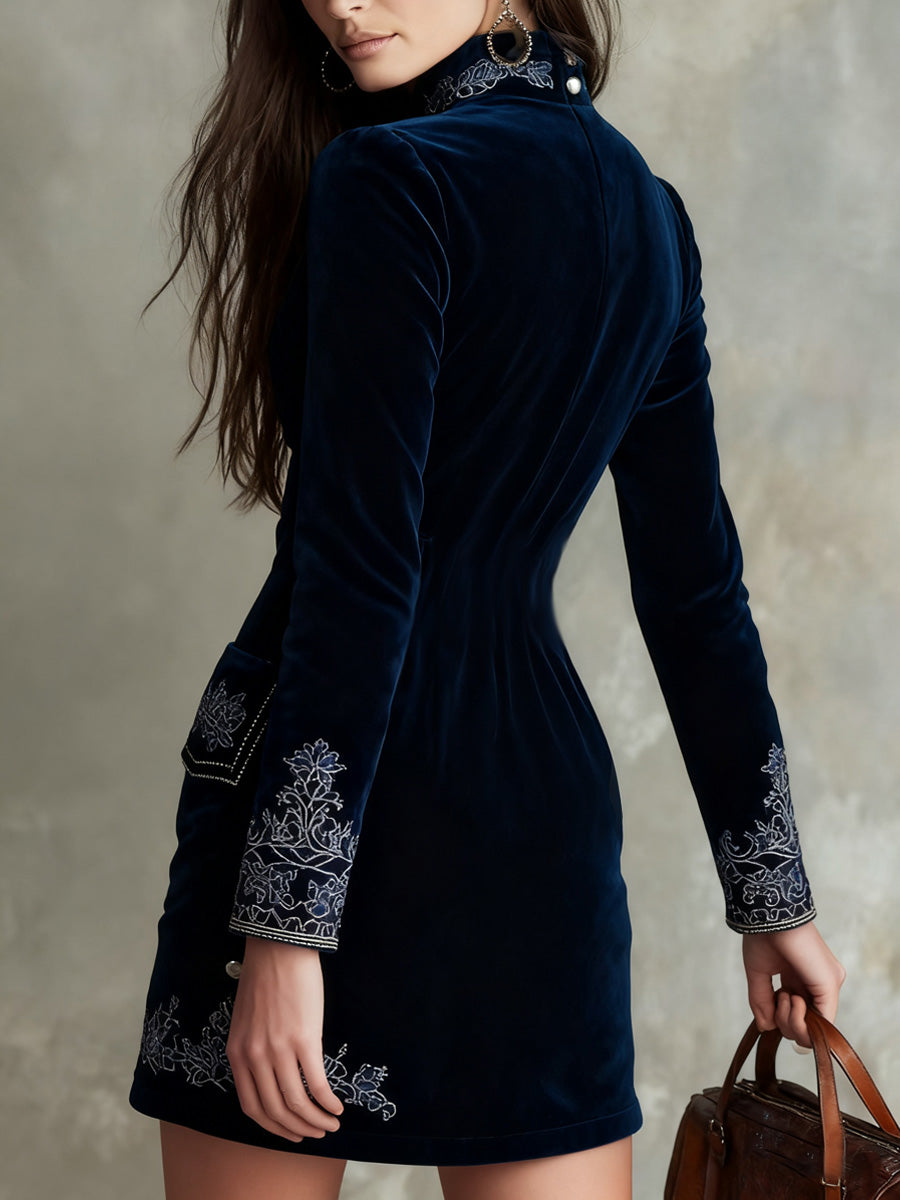 Retro Western Boho Art V-Neck Vintage Velvet Embroidery Long Sleeve Midi Dress