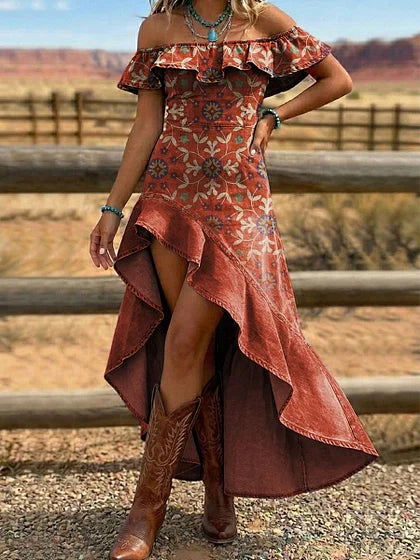 Vintage Floral Print Off Shoulder Ruffle Dress