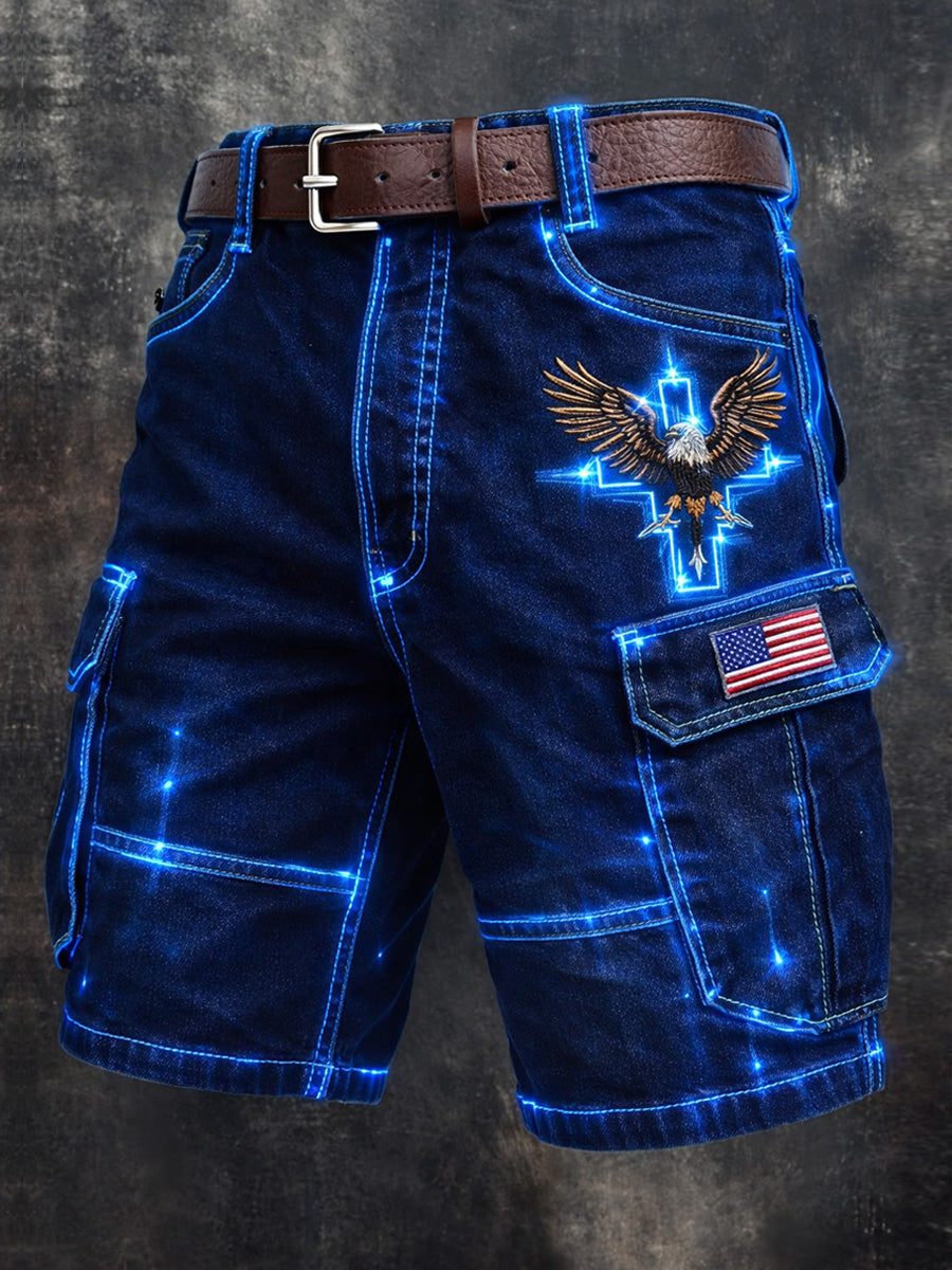 Men's Retro Style USA Flag Art Print Casual Loose Pocket Work Shorts