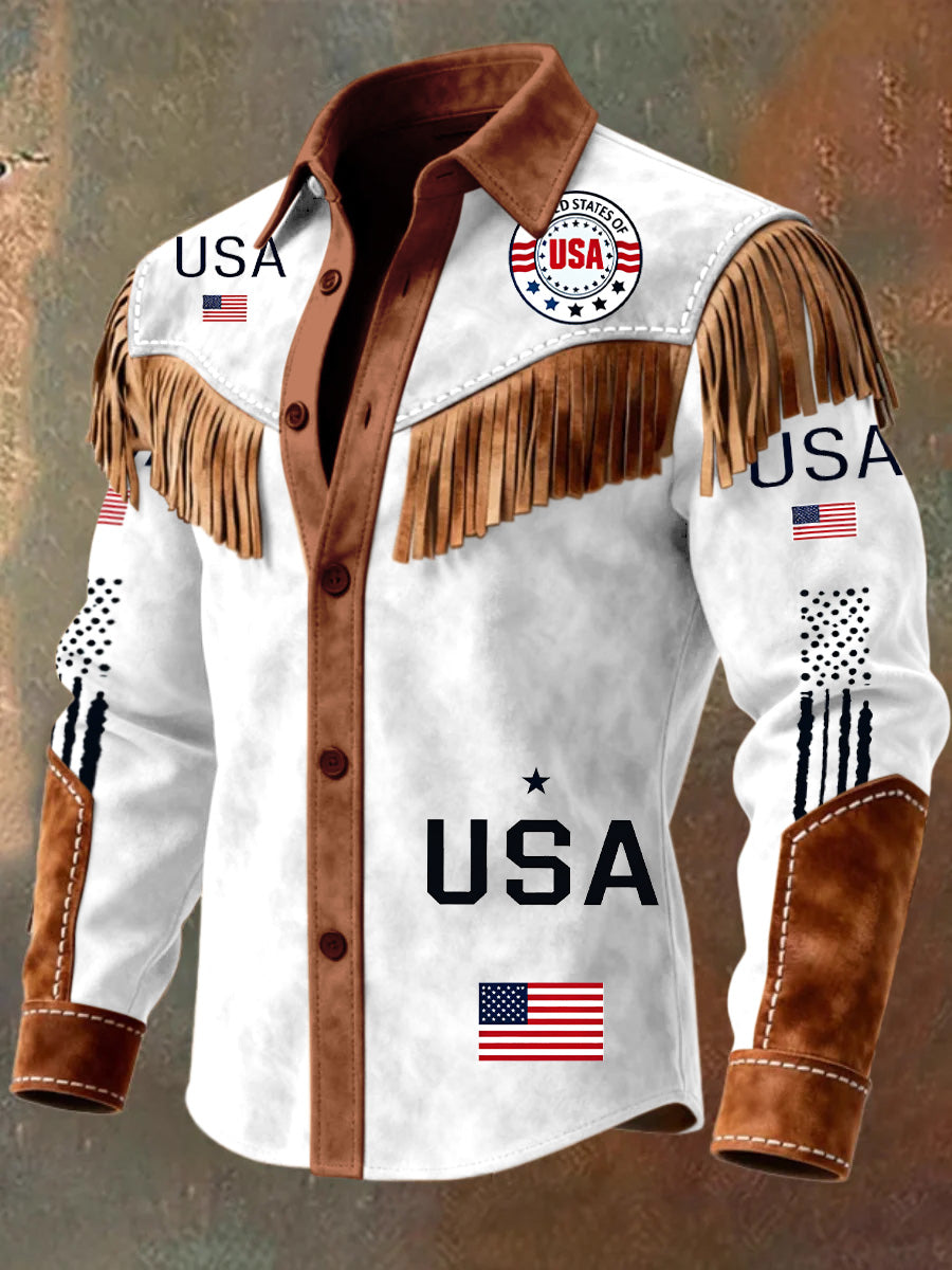 Men's USA Flag Art Western Style Print Vintage Tassel Casual Long Sleeve Shirt