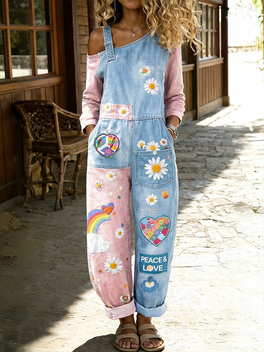 Women's Retro Hippy Floral Art Print Washed Cotton Denim Patchwork Jumpsuit