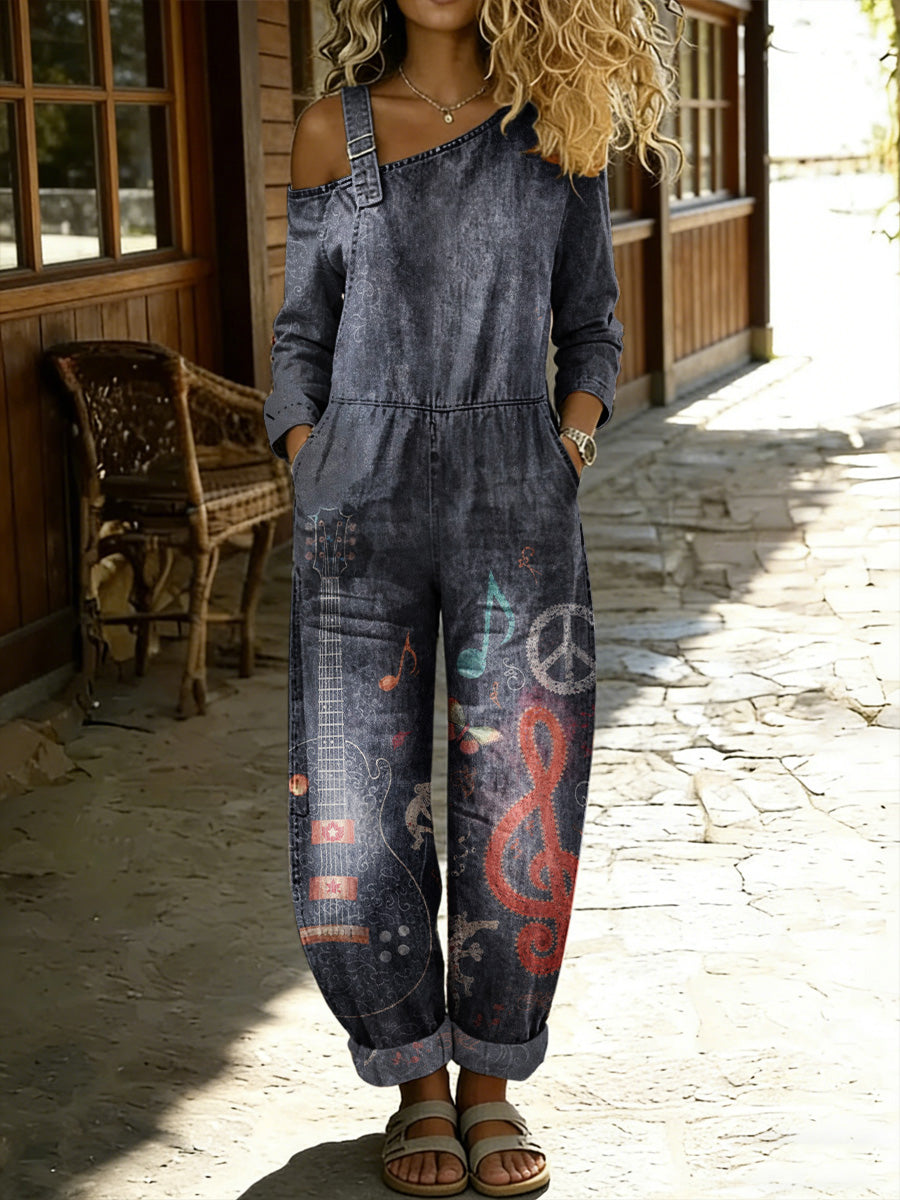 Women's Retro Hippy Floral Art Print Washed Cotton Denim Patchwork Jumpsuit