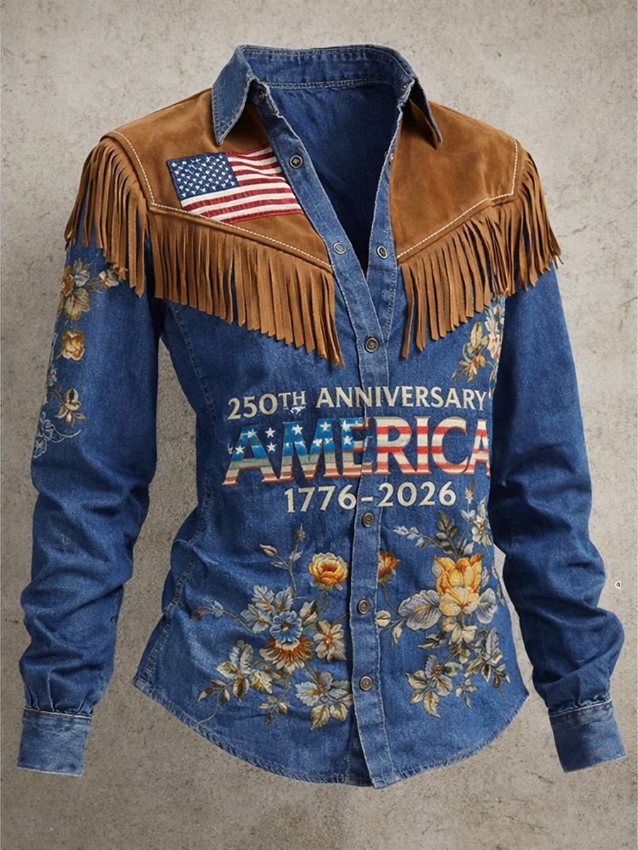 Women's Retro Casual American 250th Anniversary Print Vintage Tassel Long Sleeves Shirt