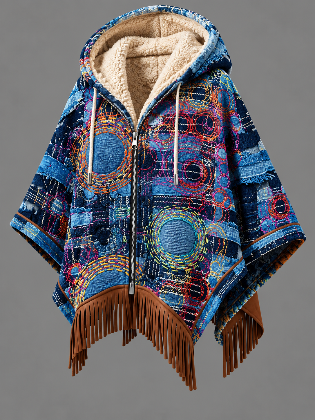 Women's Fall Winter Vintage Art Fleece-Lined Hooded Fringe Poncho