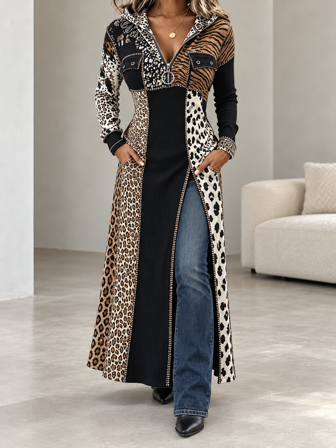 Vintage Leopard Patchwork Zip Front Maxi Tunic