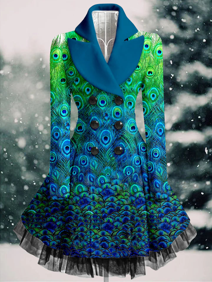 Peacock Feather Print Vintage Elegant Lapel V-Neck Button Up Long Sleeve Coat Dress