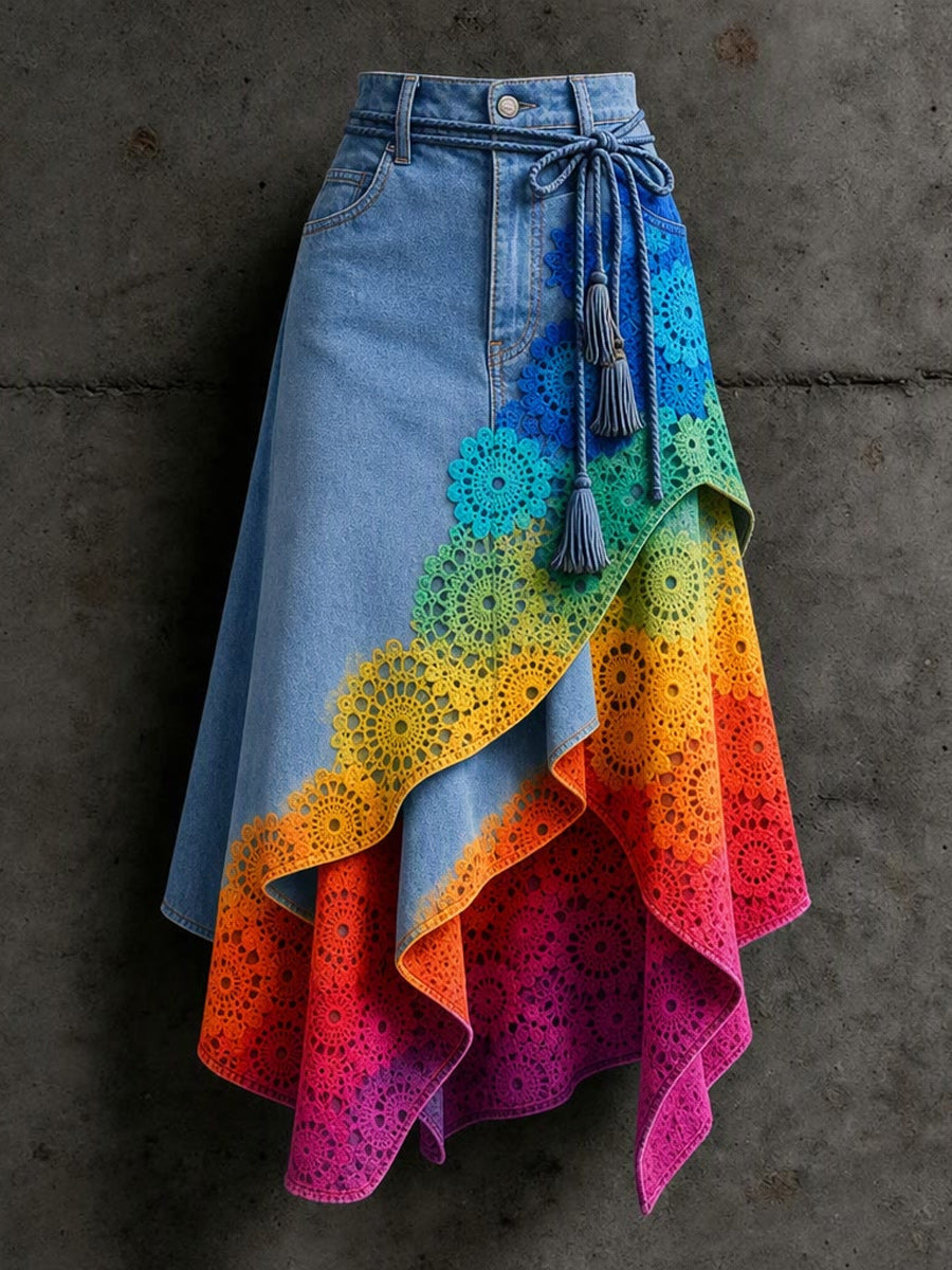 Women's Retro Style Art Print Irregularly Layered Stitched Skirt