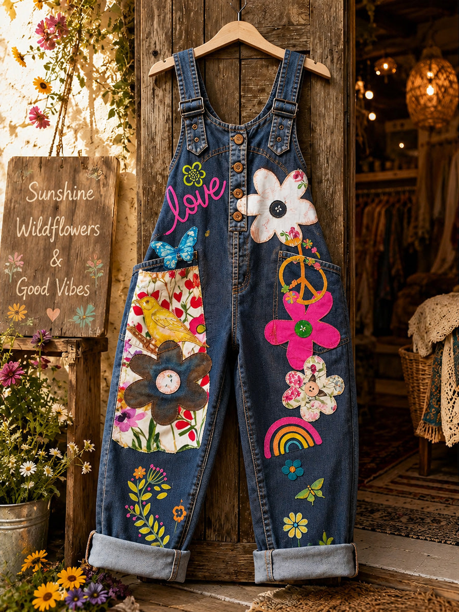 Women's Retro Style Art Print Washed Cotton Denim Patchwork Jumpsuit