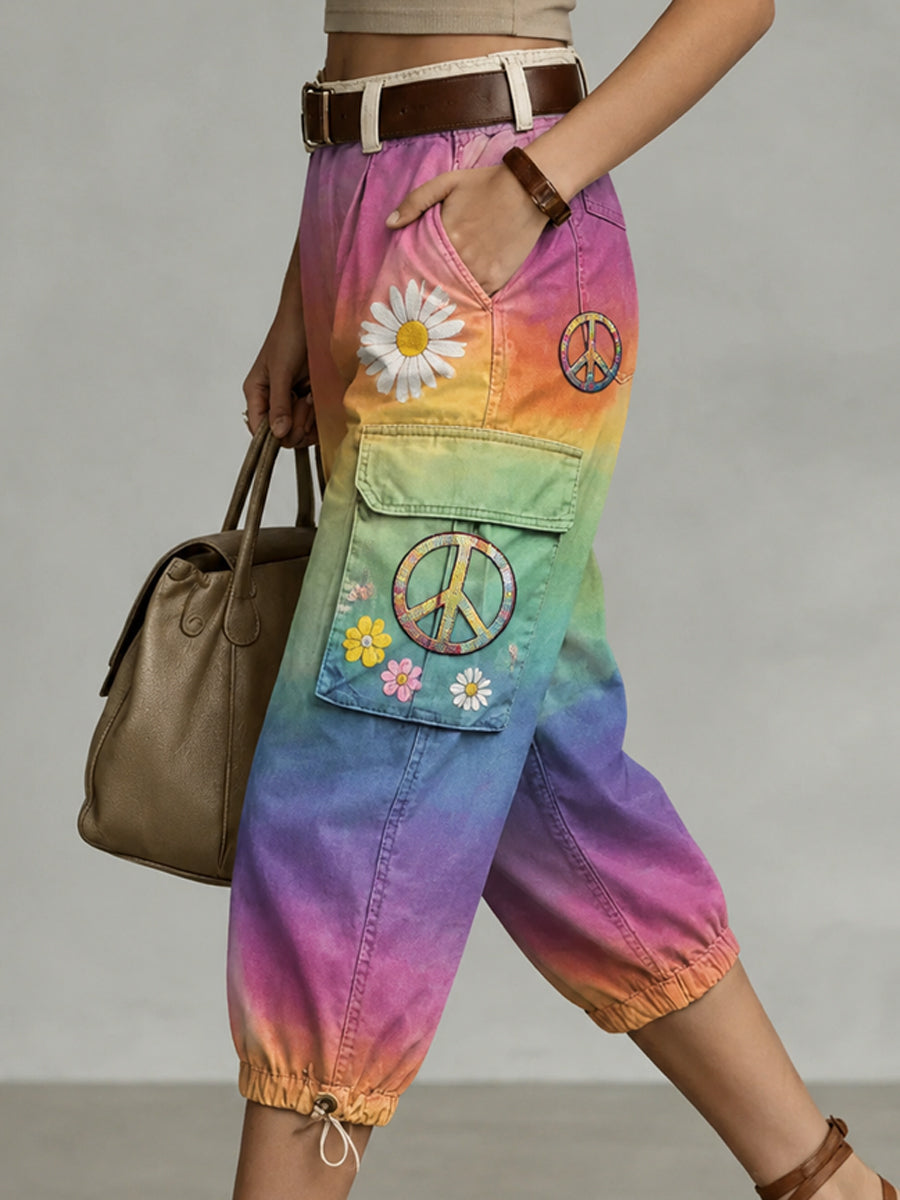Retro Style Floral Print Vintage Casual Denim Capri Trousers