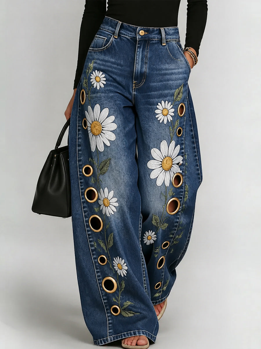 Women's Retro Style Art Print Casual Hollow Wide Leg Pants