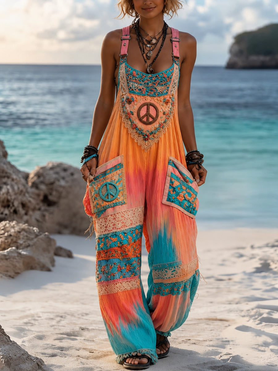 Women's Retro Style Art Print Washed Cotton Denim Patchwork Jumpsuit