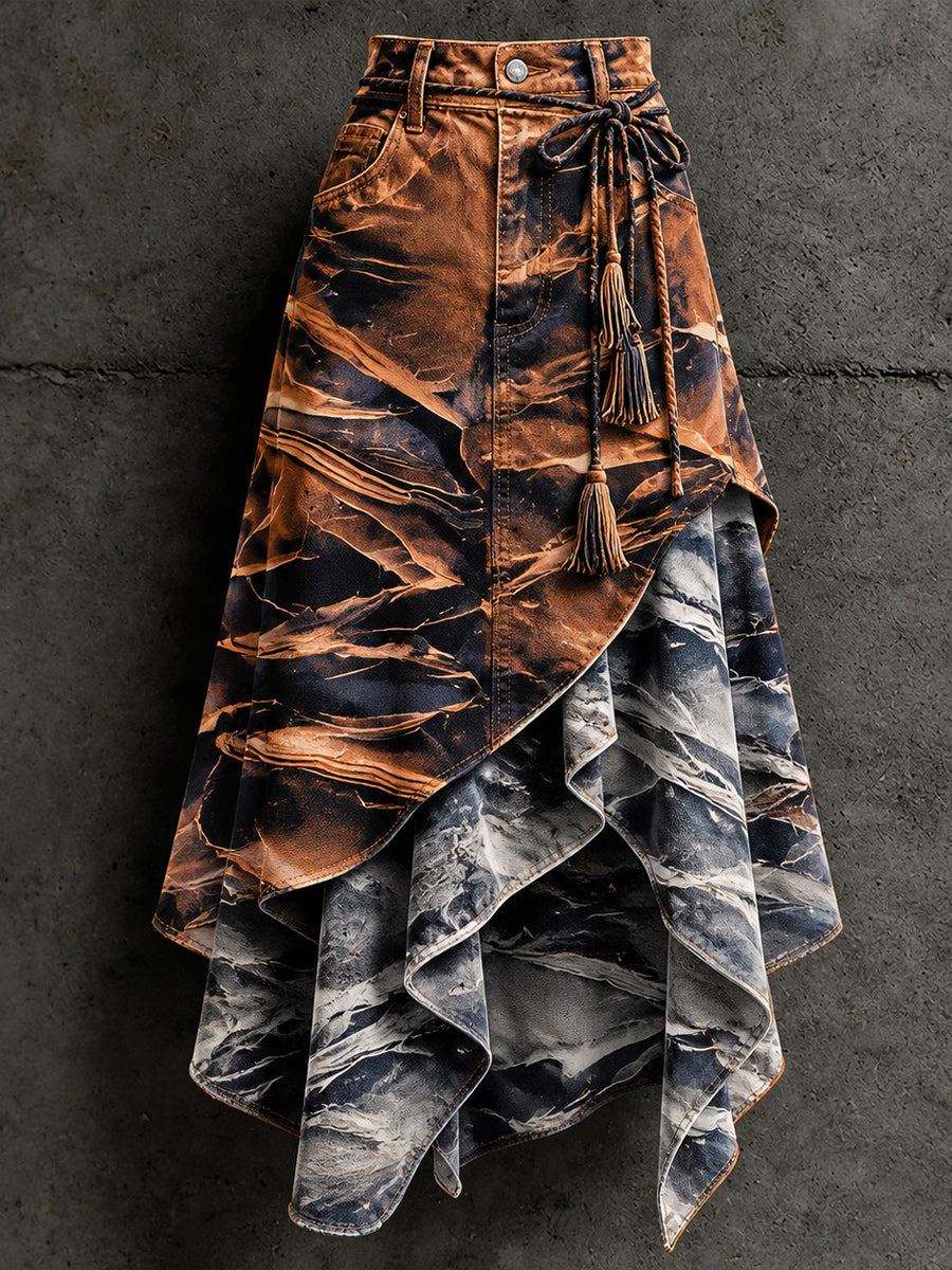 Women's Retro Style Art Print Irregularly Layered Stitched Skirt