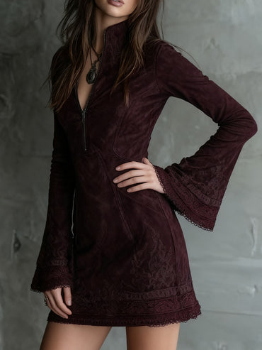 Retro Western Boho Art V-Neck Vintage Suede Velvet Lace Patchwork Long Sleeve Midi Dress