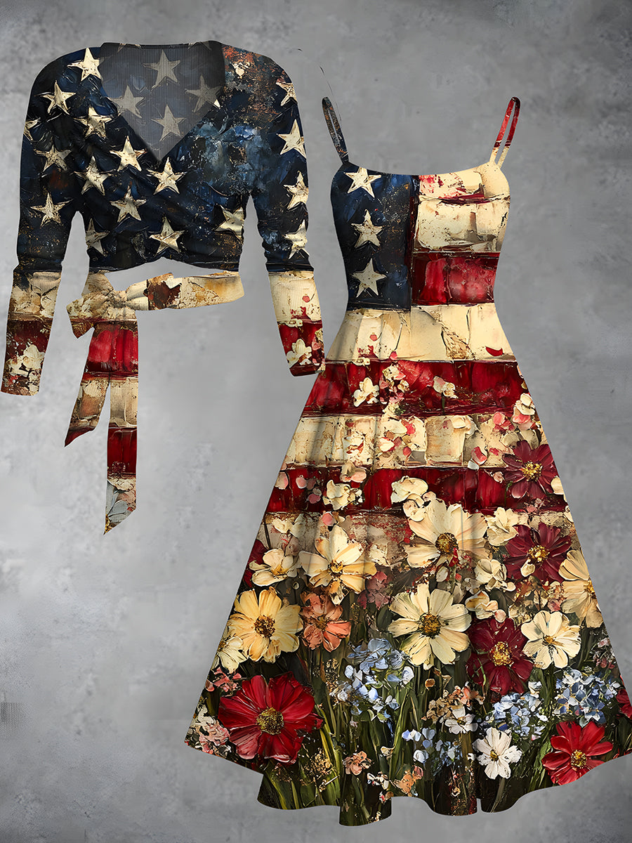 Retro Floral Art Printed Vintage Unique Slim Fit Cross Wrap Long Sleeve Two-Piece Midi Dress