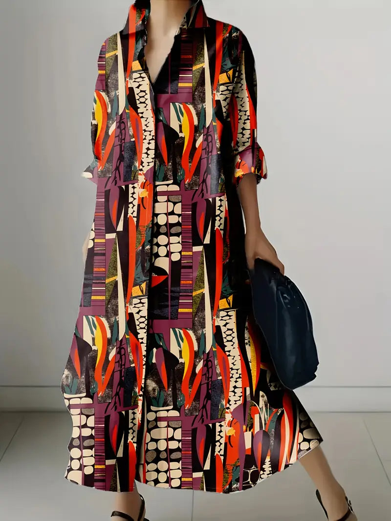Abstract Art Print Long Sleeve Vacation Dress
