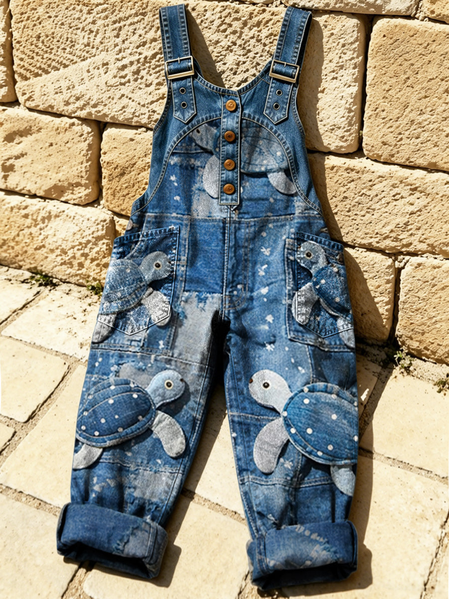 Women's Retro Floral Color-Blocked Art Print Washed Cotton Denim Patchwork Jumpsuit