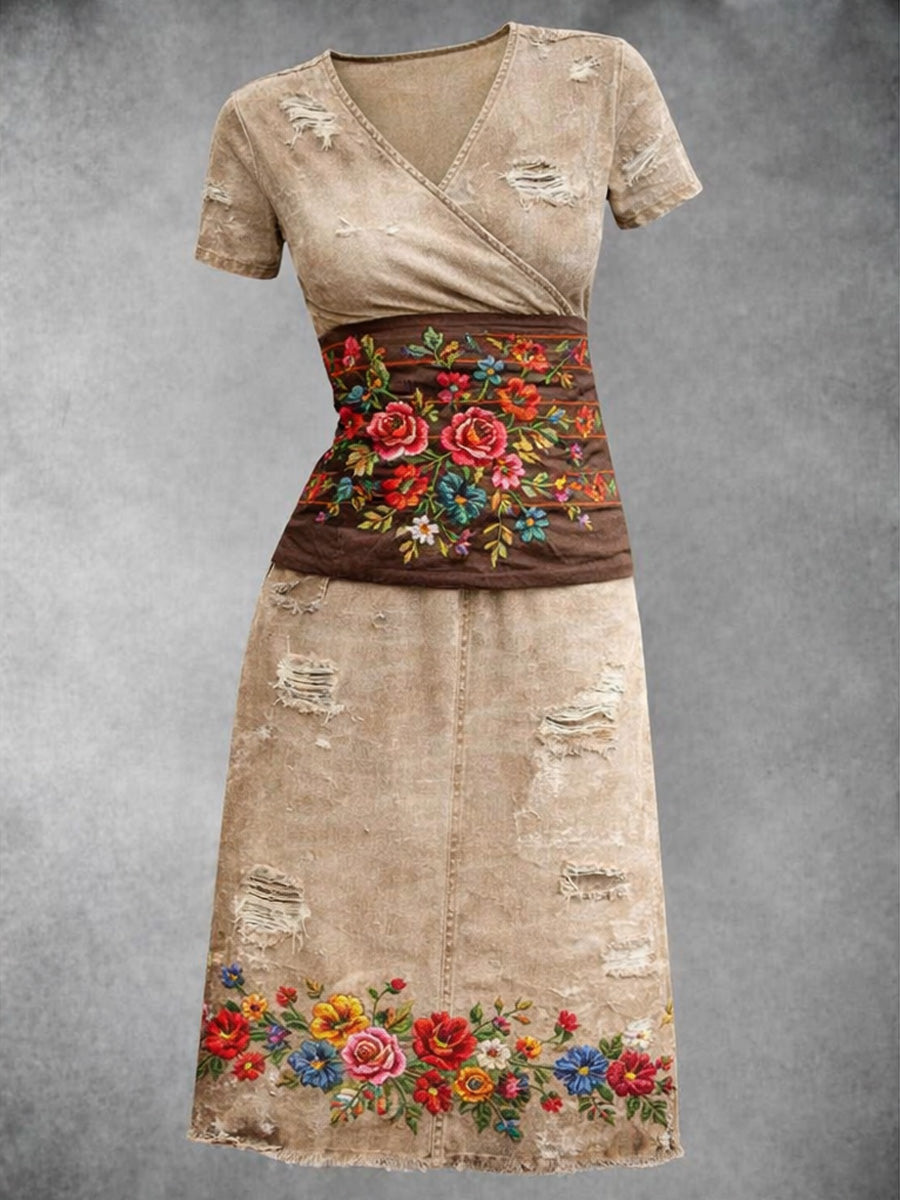 Retro Denim Rose Art Printed Vintage V-Neck Pleated Waist Short Sleeve Midi Dress