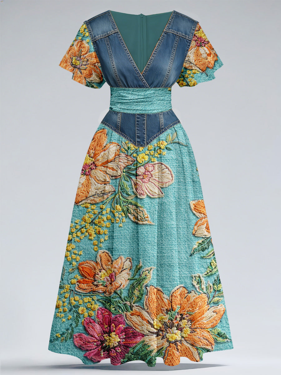 Retro Denim Floral Art Printed Elegant V-Neck Vintage Short Sleeve Maxi Dress