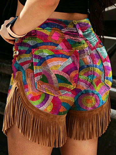 Women's Retro Style Art Print Casual Leather Fringe Patchwork Pocket Shorts