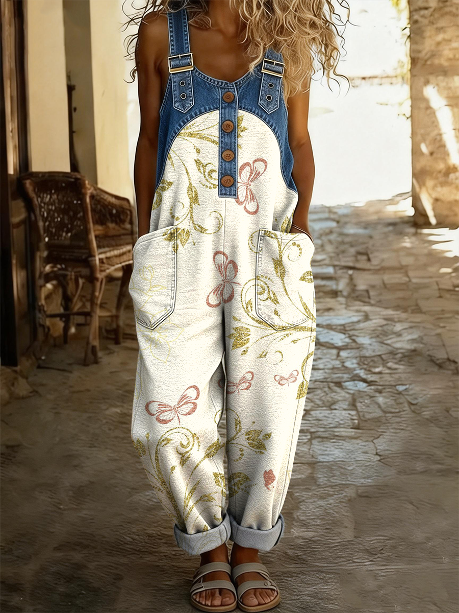 Women's Retro Floral And Butterfly Art Print Casual Sleeveless Denim Patchwork Jumpsuit