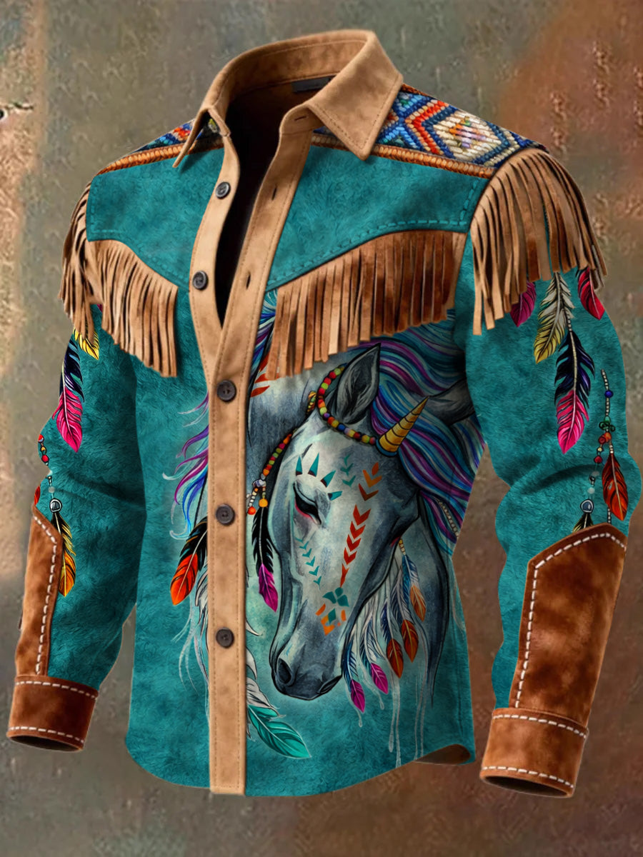 Men's Retro Western Style Art Print Vintage Tassel Casual Long Sleeve Shirt