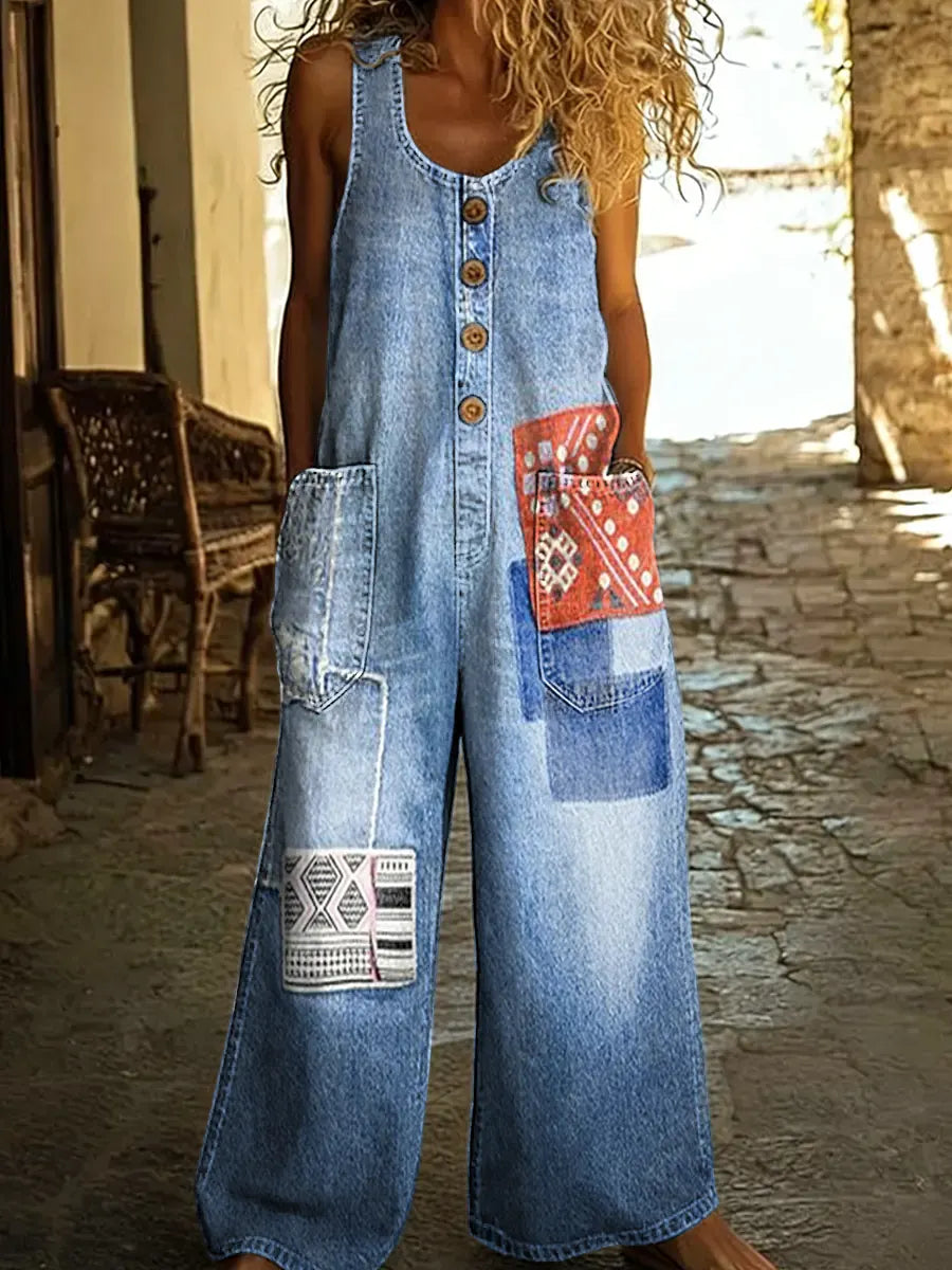Women's Denim Patchwork Art Print Sleeveless Washed Cotton Denim Jumpsuit