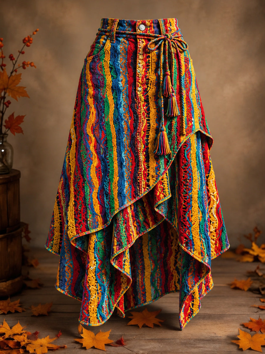 Women's Retro Style Art Print Irregularly Layered Stitched Skirt