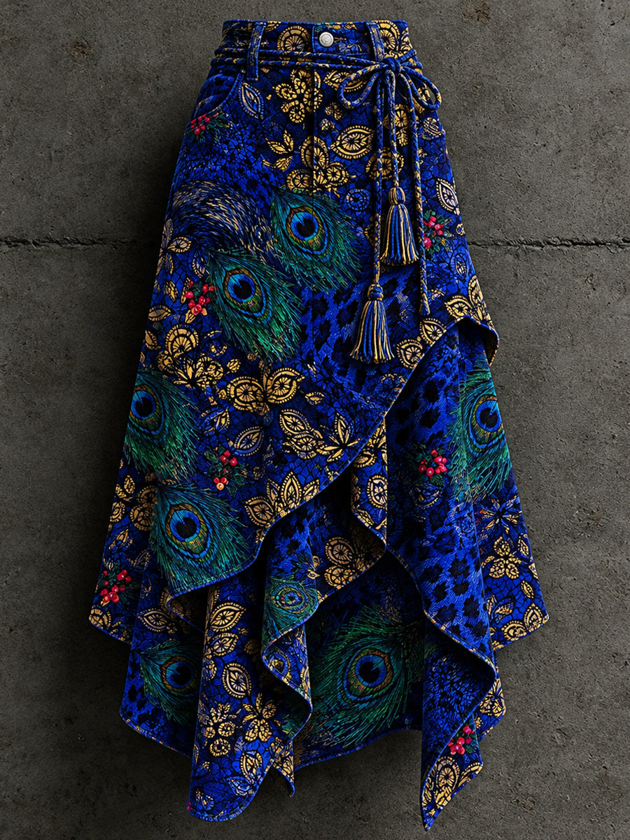 Women's Retro Style Art Print Irregularly Layered Stitched Skirt