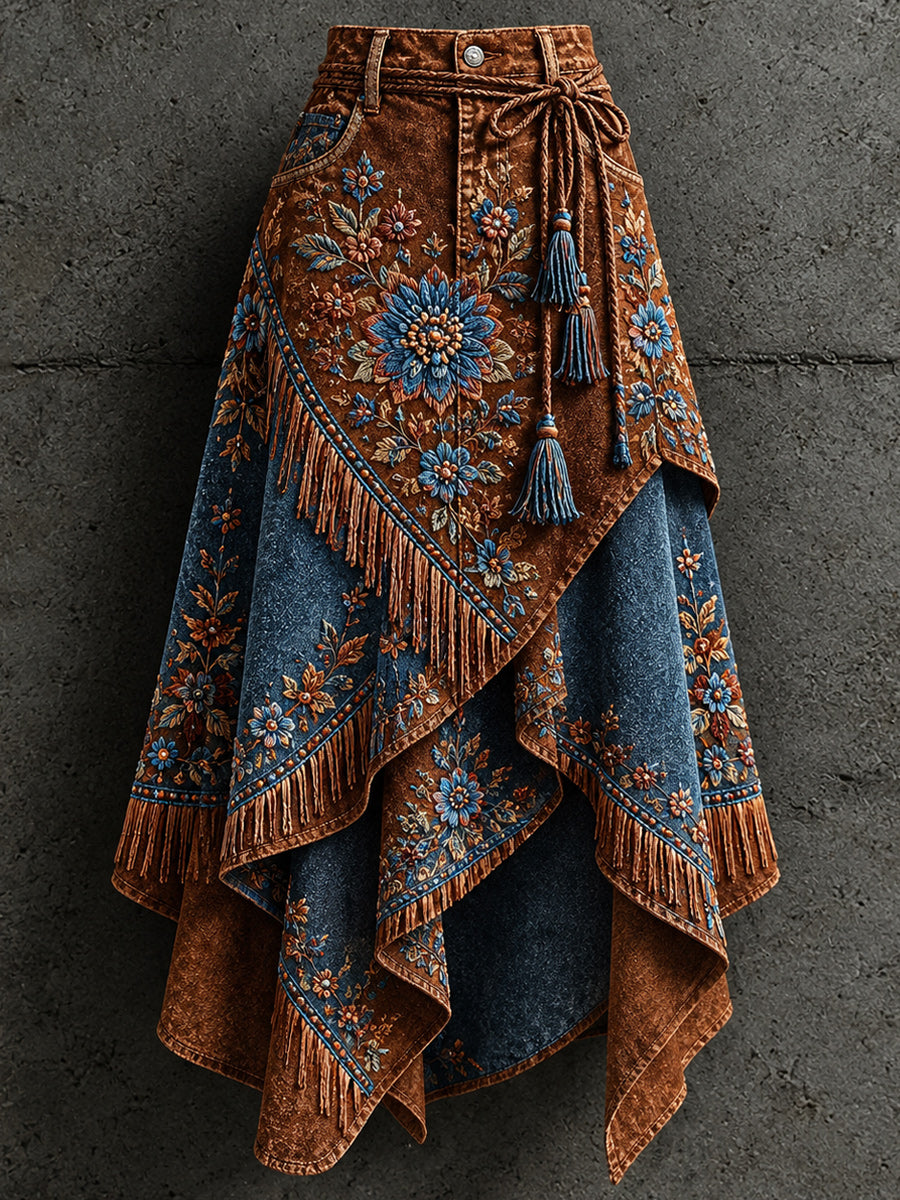 Women's Retro Style Art Print Irregularly Layered Stitched Skirt