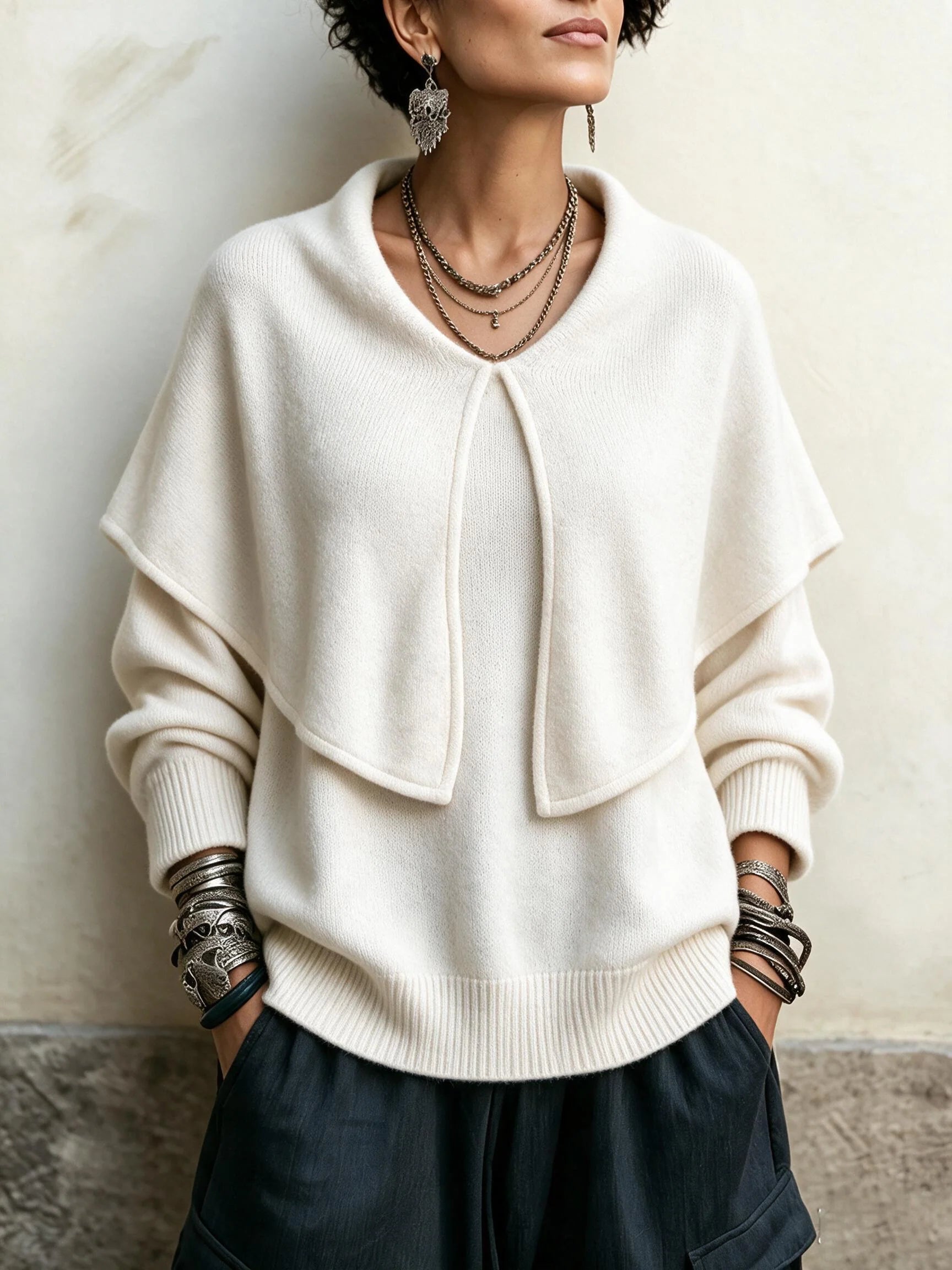 Elegant Layered Shawl Collar Knit Pullover