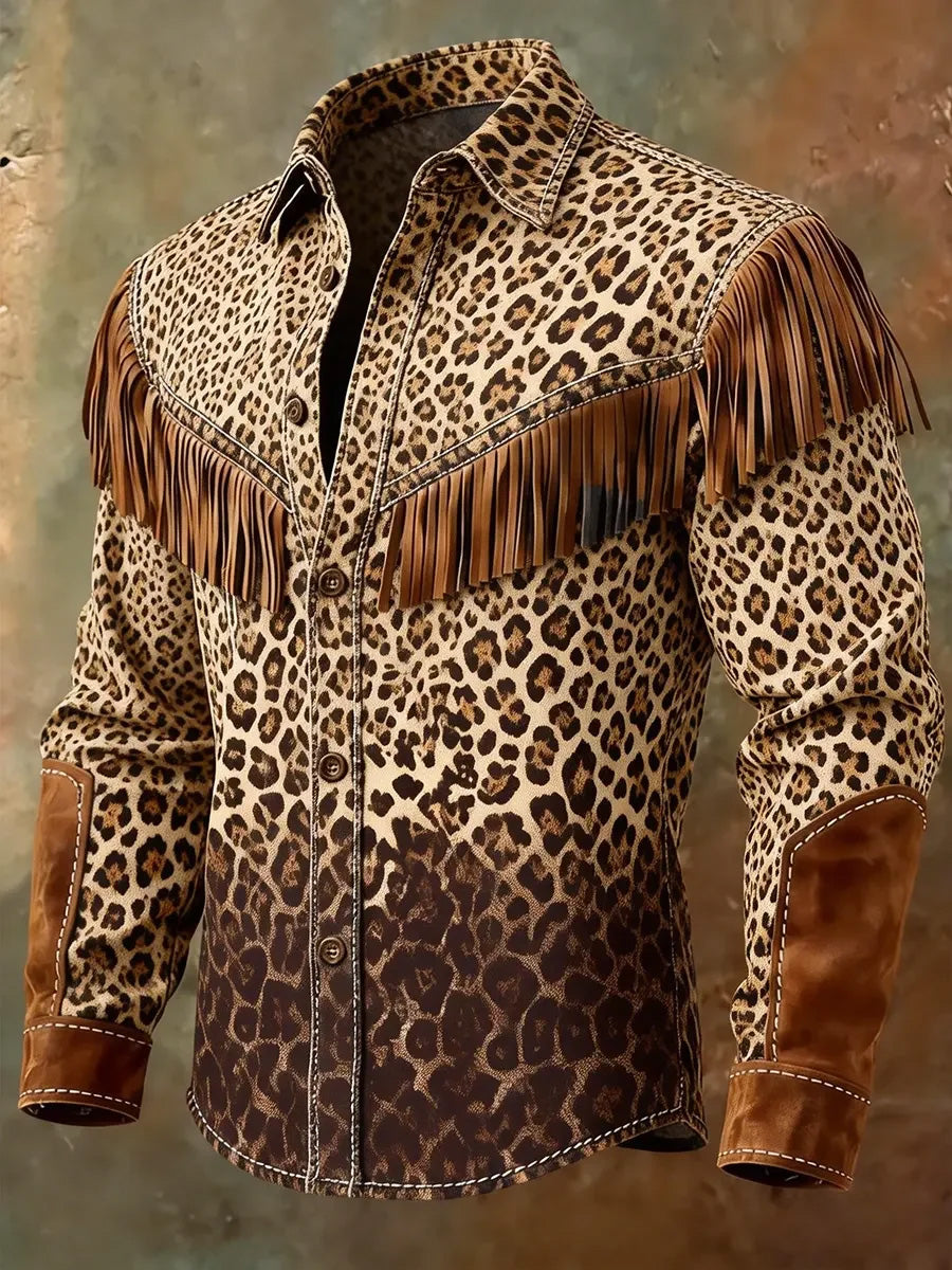 Men's Retro Western Style Print Vintage Tassel Casual Long Sleeve Shirt