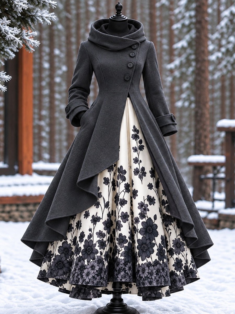 Women’s Vintage High-Collar Asymmetrical Double-Layer Hem Long Maxi Coat